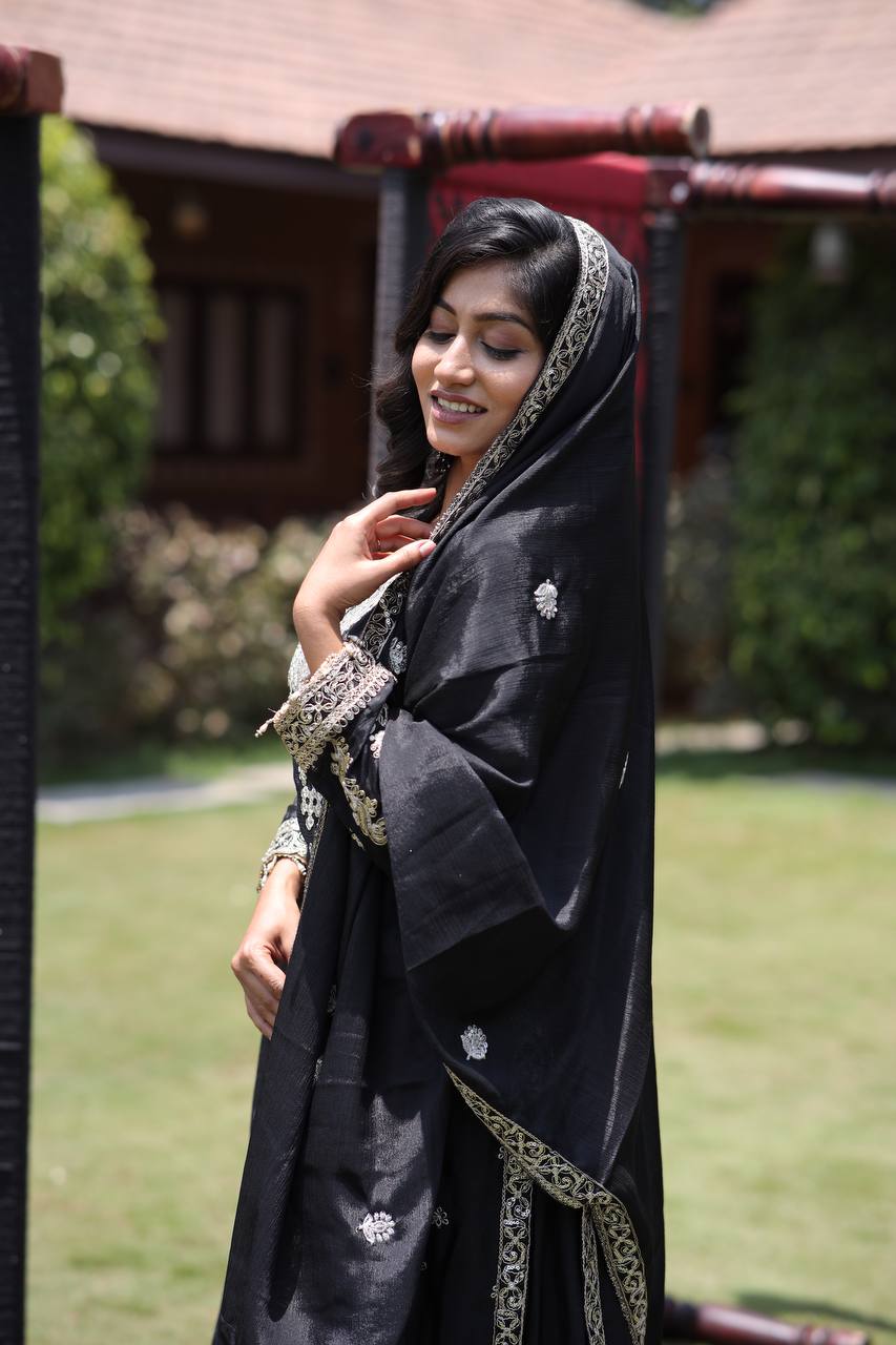 Chinon Silk Kurta & Plazzo Set with Heavy Embroidered Lace Dupatta & Multi-Sequin Work