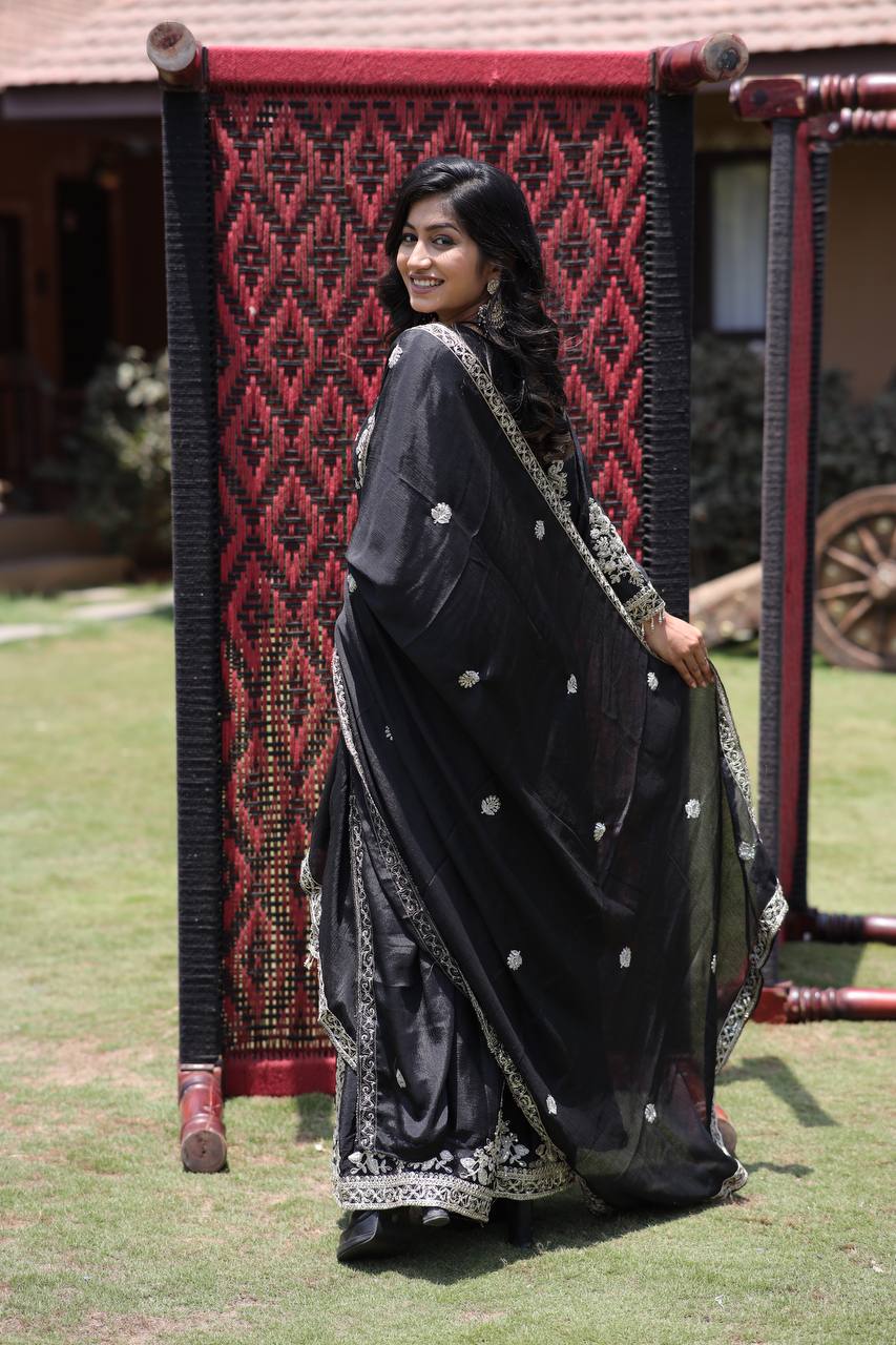 Chinon Silk Kurta & Plazzo Set with Heavy Embroidered Lace Dupatta & Multi-Sequin Work