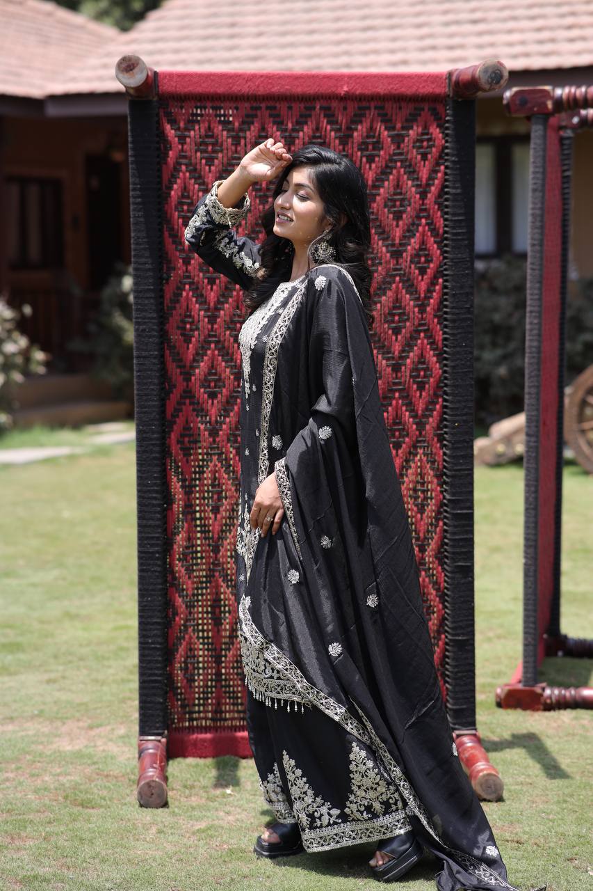 Chinon Silk Kurta & Plazzo Set with Heavy Embroidered Lace Dupatta & Multi-Sequin Work