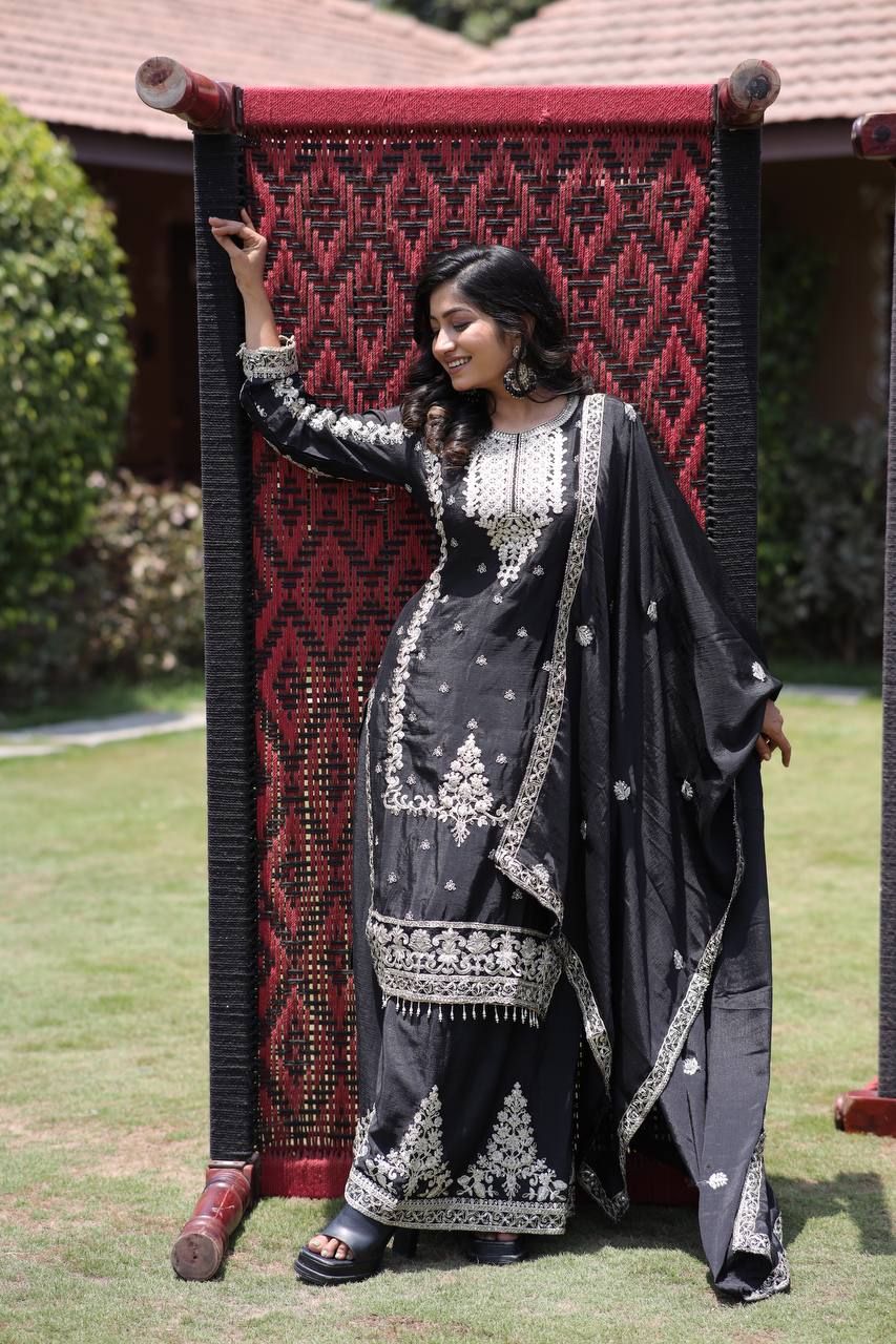 Chinon Silk Kurta & Plazzo Set with Heavy Embroidered Lace Dupatta & Multi-Sequin Work