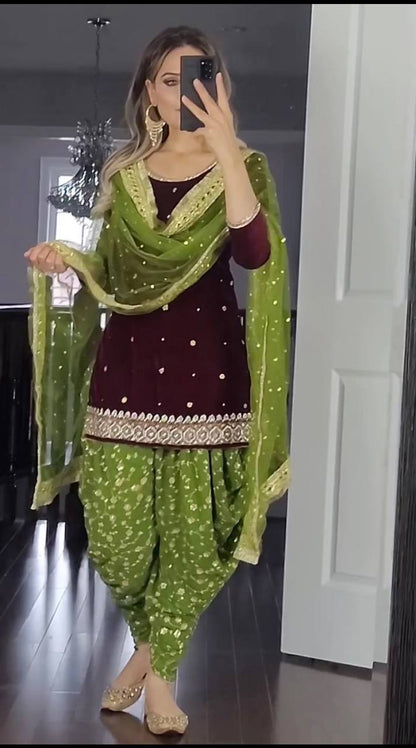 Designer Faux Georgette Dhoti Salwar Suit with Sequins Embroidery Work, Fully Stitched – Top, Dhoti & Dupatta Set for Women