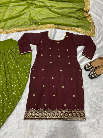 Designer Faux Georgette Dhoti Salwar Suit with Sequins Embroidery Work, Fully Stitched – Top, Dhoti & Dupatta Set for Women