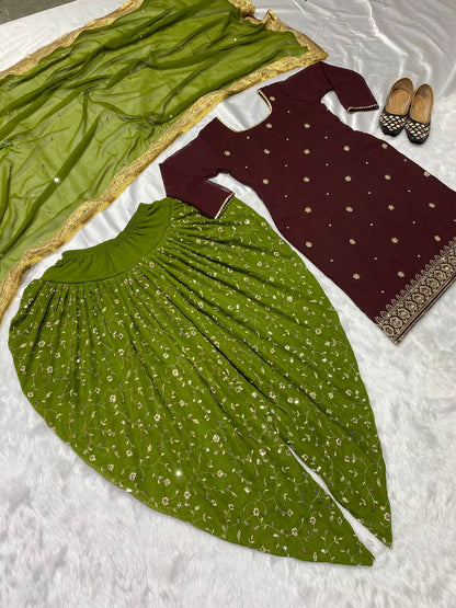 Designer Faux Georgette Dhoti Salwar Suit with Sequins Embroidery Work, Fully Stitched – Top, Dhoti & Dupatta Set for Women