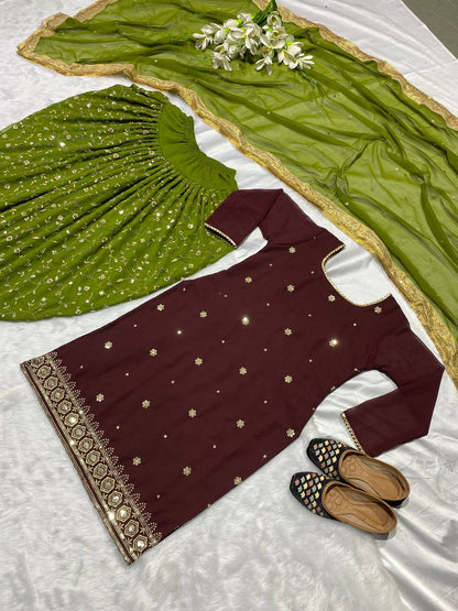 Designer Faux Georgette Dhoti Salwar Suit with Sequins Embroidery Work, Fully Stitched – Top, Dhoti & Dupatta Set for Women