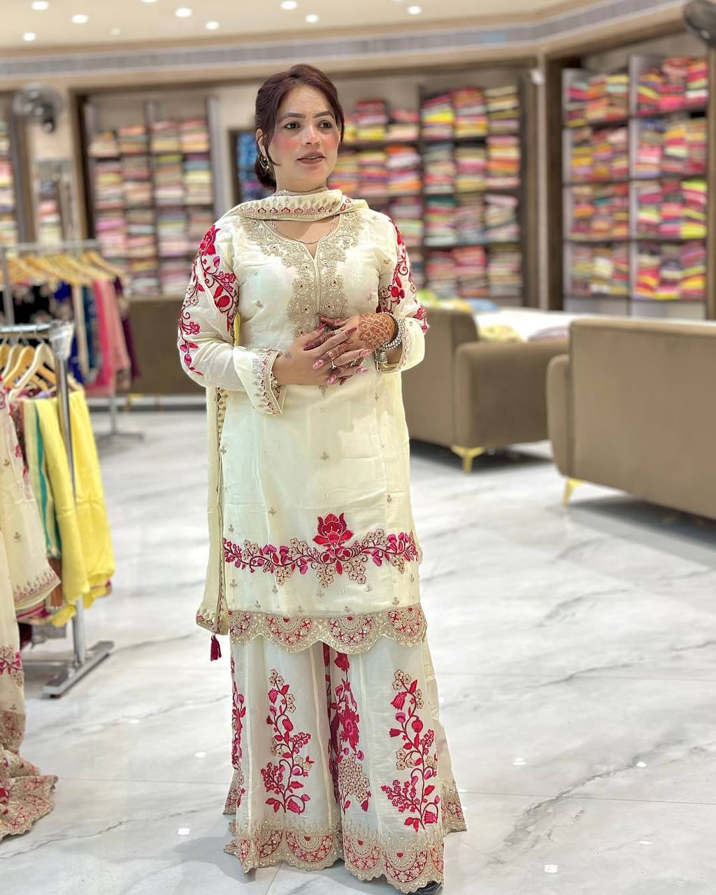 Women’s Chinon Silk Embroidered Sharara Set with Dupatta | Heavy Work Kurti & Plazzo | Fully Stitched Party & Wedding Wear