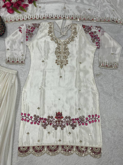 Women’s Chinon Silk Embroidered Sharara Set with Dupatta | Heavy Work Kurti & Plazzo | Fully Stitched Party & Wedding Wear