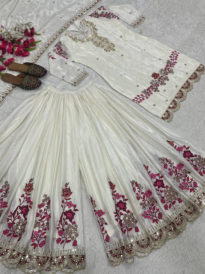 Women’s Chinon Silk Embroidered Sharara Set with Dupatta | Heavy Work Kurti & Plazzo | Fully Stitched Party & Wedding Wear