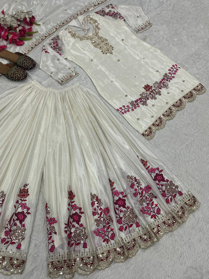 Women’s Chinon Silk Embroidered Sharara Set with Dupatta | Heavy Work Kurti & Plazzo | Fully Stitched Party & Wedding Wear