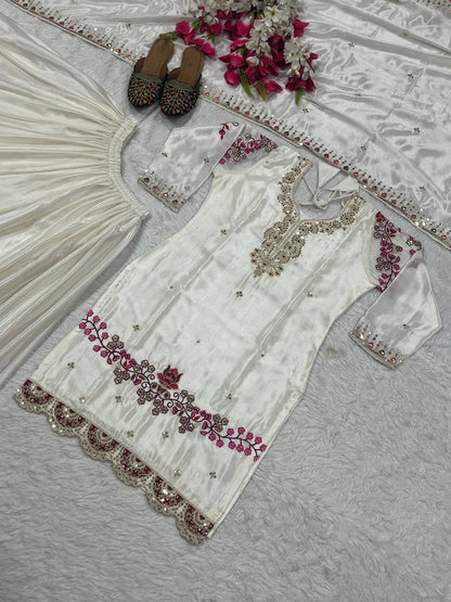 Women’s Chinon Silk Embroidered Sharara Set with Dupatta | Heavy Work Kurti & Plazzo | Fully Stitched Party & Wedding Wear