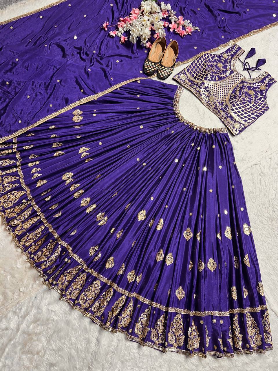 Designer Heavy Chinon Silk Embroidered Unstitched Lehenga Choli with Sequins Work & Dupatta Party & Wedding Wear for Women