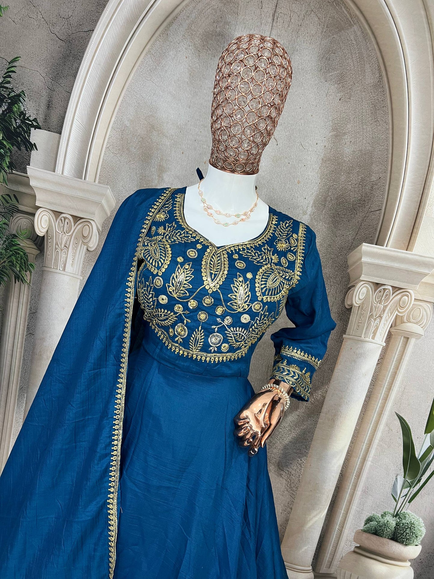 Premium Heavy Parampara Silk Gown with Embroidered Dupatta – 8 Mtr Flair, Padded Design & Sequins Embroidery