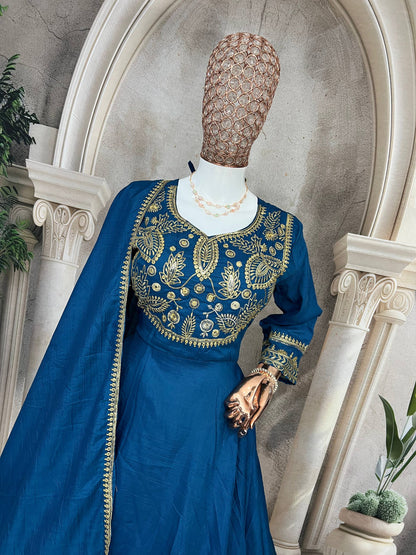 Premium Heavy Parampara Silk Gown with Embroidered Dupatta – 8 Mtr Flair, Padded Design & Sequins Embroidery