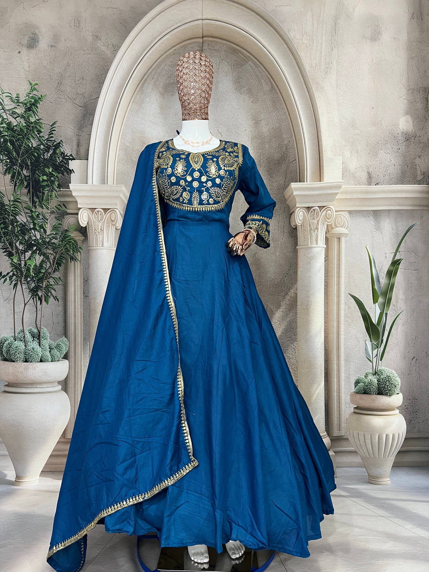 Premium Heavy Parampara Silk Gown with Embroidered Dupatta – 8 Mtr Flair, Padded Design & Sequins Embroidery
