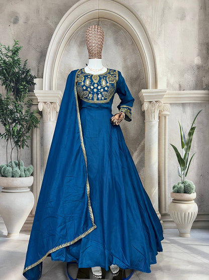 Premium Heavy Parampara Silk Gown with Embroidered Dupatta – 8 Mtr Flair, Padded Design & Sequins Embroidery