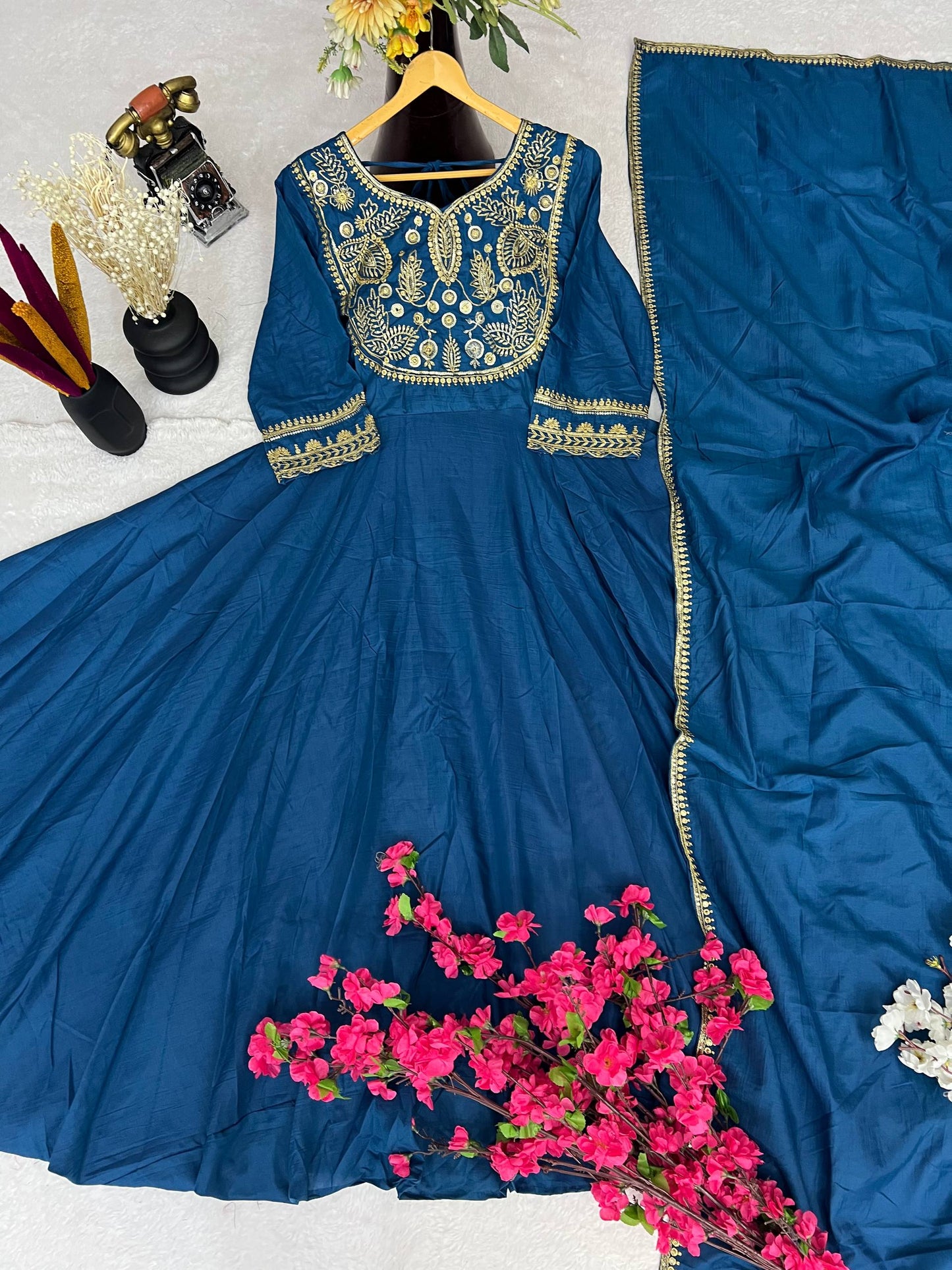 Premium Heavy Parampara Silk Gown with Embroidered Dupatta – 8 Mtr Flair, Padded Design & Sequins Embroidery