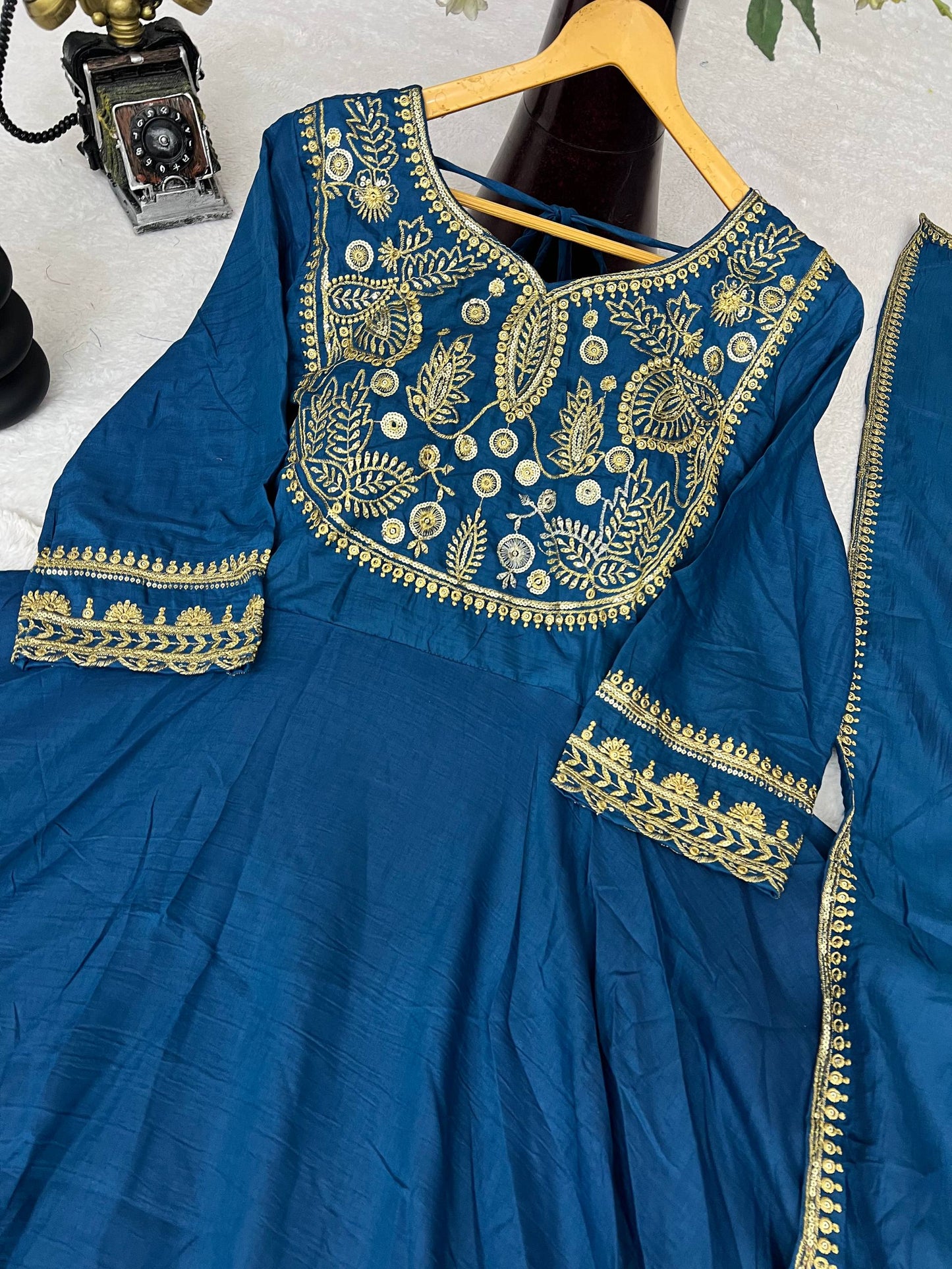 Premium Heavy Parampara Silk Gown with Embroidered Dupatta – 8 Mtr Flair, Padded Design & Sequins Embroidery