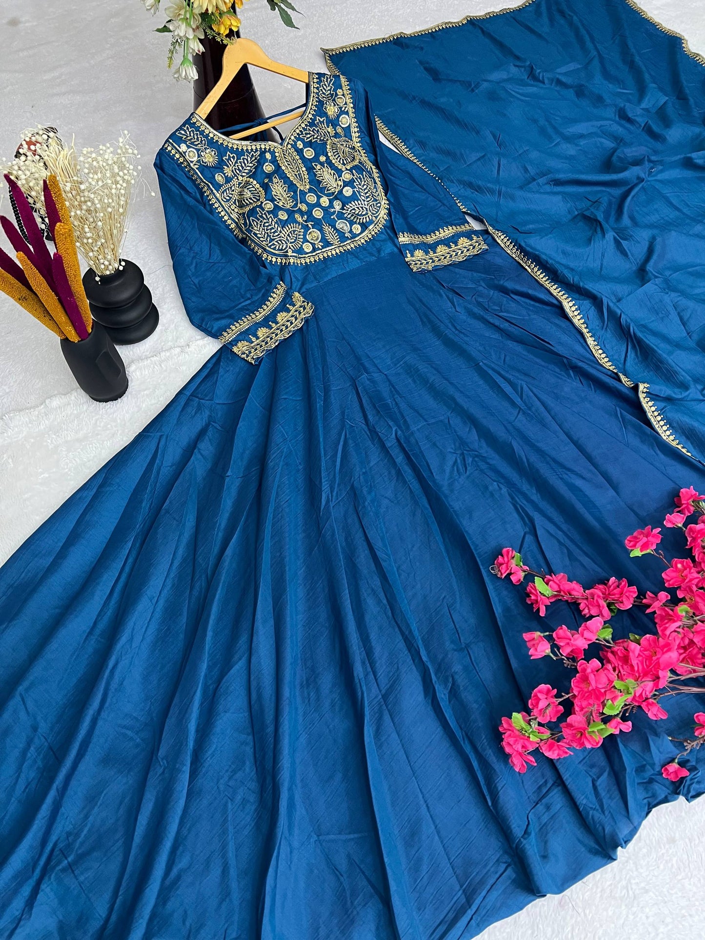 Premium Heavy Parampara Silk Gown with Embroidered Dupatta – 8 Mtr Flair, Padded Design & Sequins Embroidery