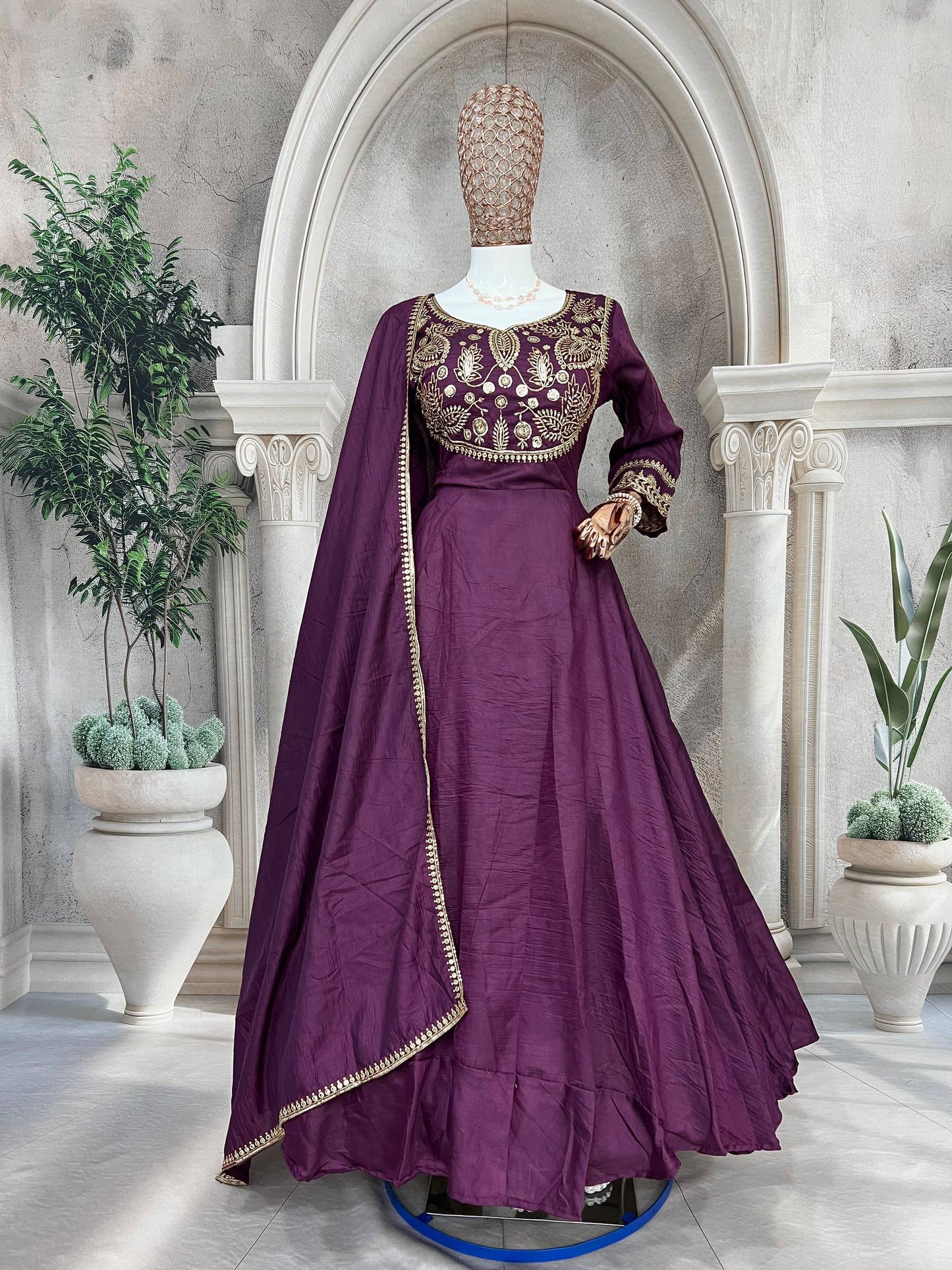 Premium Heavy Parampara Silk Gown with Embroidered Dupatta – 8 Mtr Flair, Padded Design & Sequins Embroidery