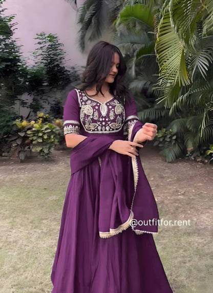 Premium Heavy Parampara Silk Gown with Embroidered Dupatta – 8 Mtr Flair, Padded Design & Sequins Embroidery