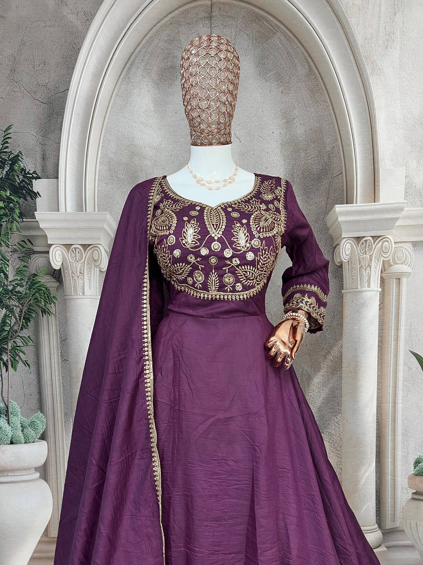 Premium Heavy Parampara Silk Gown with Embroidered Dupatta – 8 Mtr Flair, Padded Design & Sequins Embroidery