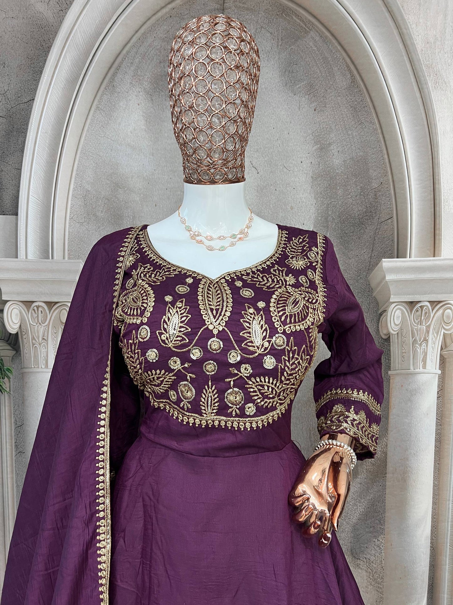 Premium Heavy Parampara Silk Gown with Embroidered Dupatta – 8 Mtr Flair, Padded Design & Sequins Embroidery