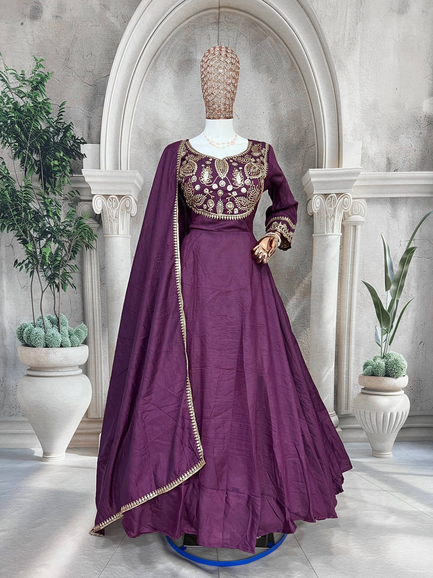 Premium Heavy Parampara Silk Gown with Embroidered Dupatta – 8 Mtr Flair, Padded Design & Sequins Embroidery