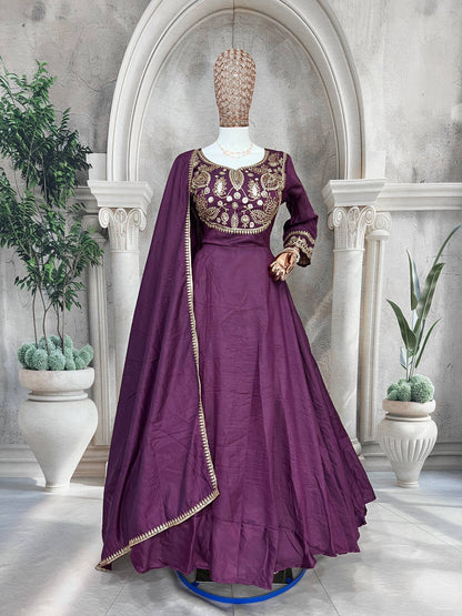 Premium Heavy Parampara Silk Gown with Embroidered Dupatta – 8 Mtr Flair, Padded Design & Sequins Embroidery