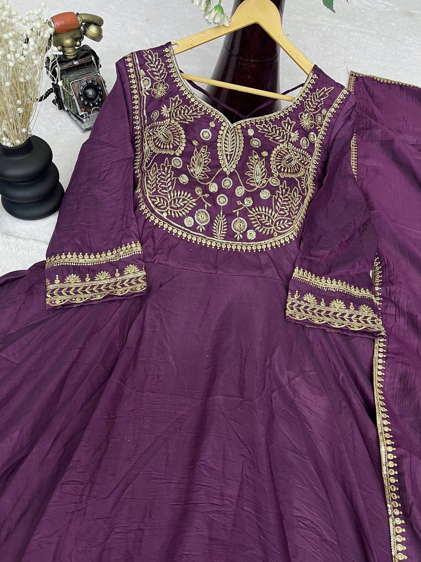 Premium Heavy Parampara Silk Gown with Embroidered Dupatta – 8 Mtr Flair, Padded Design & Sequins Embroidery