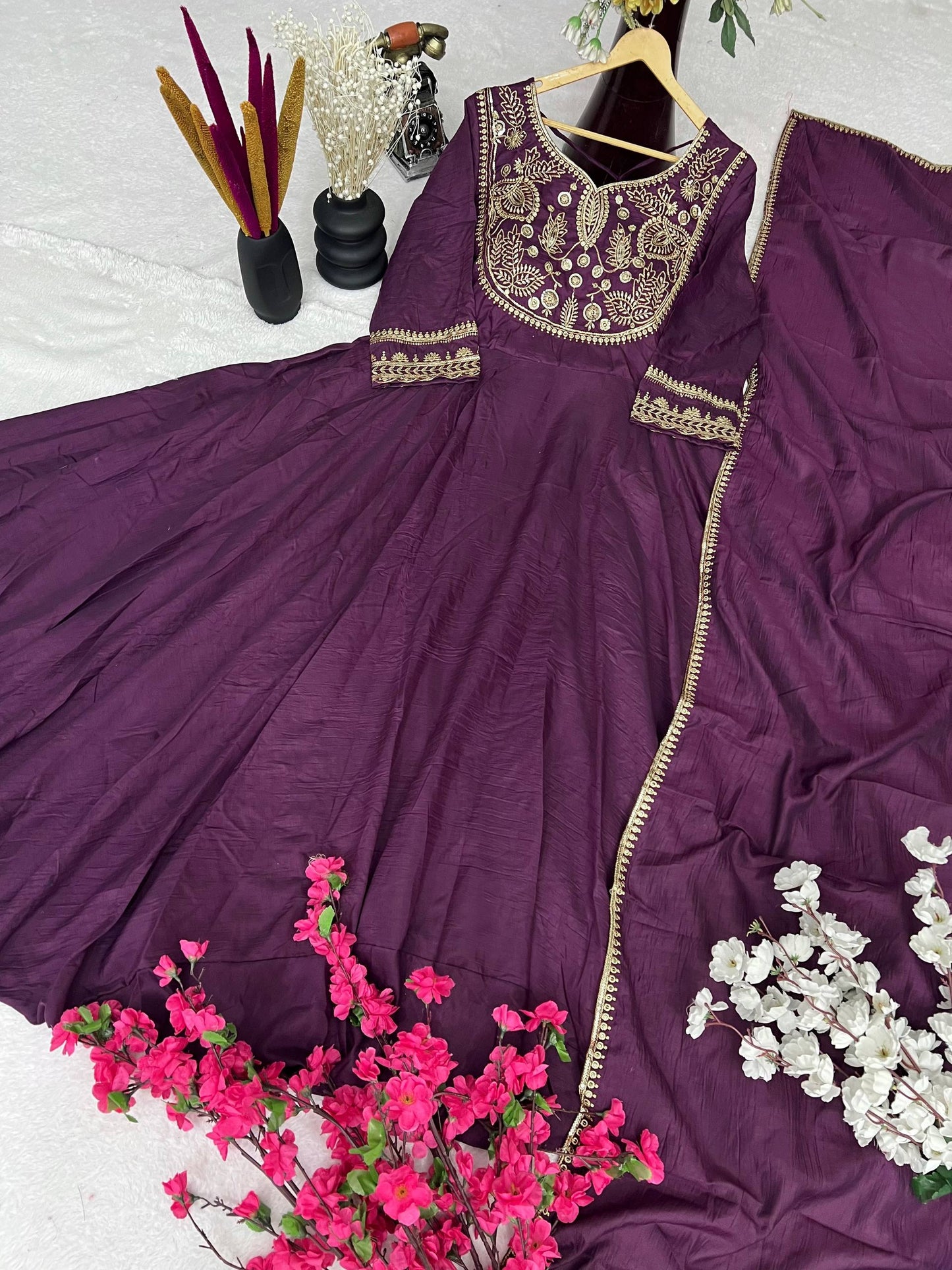 Premium Heavy Parampara Silk Gown with Embroidered Dupatta – 8 Mtr Flair, Padded Design & Sequins Embroidery