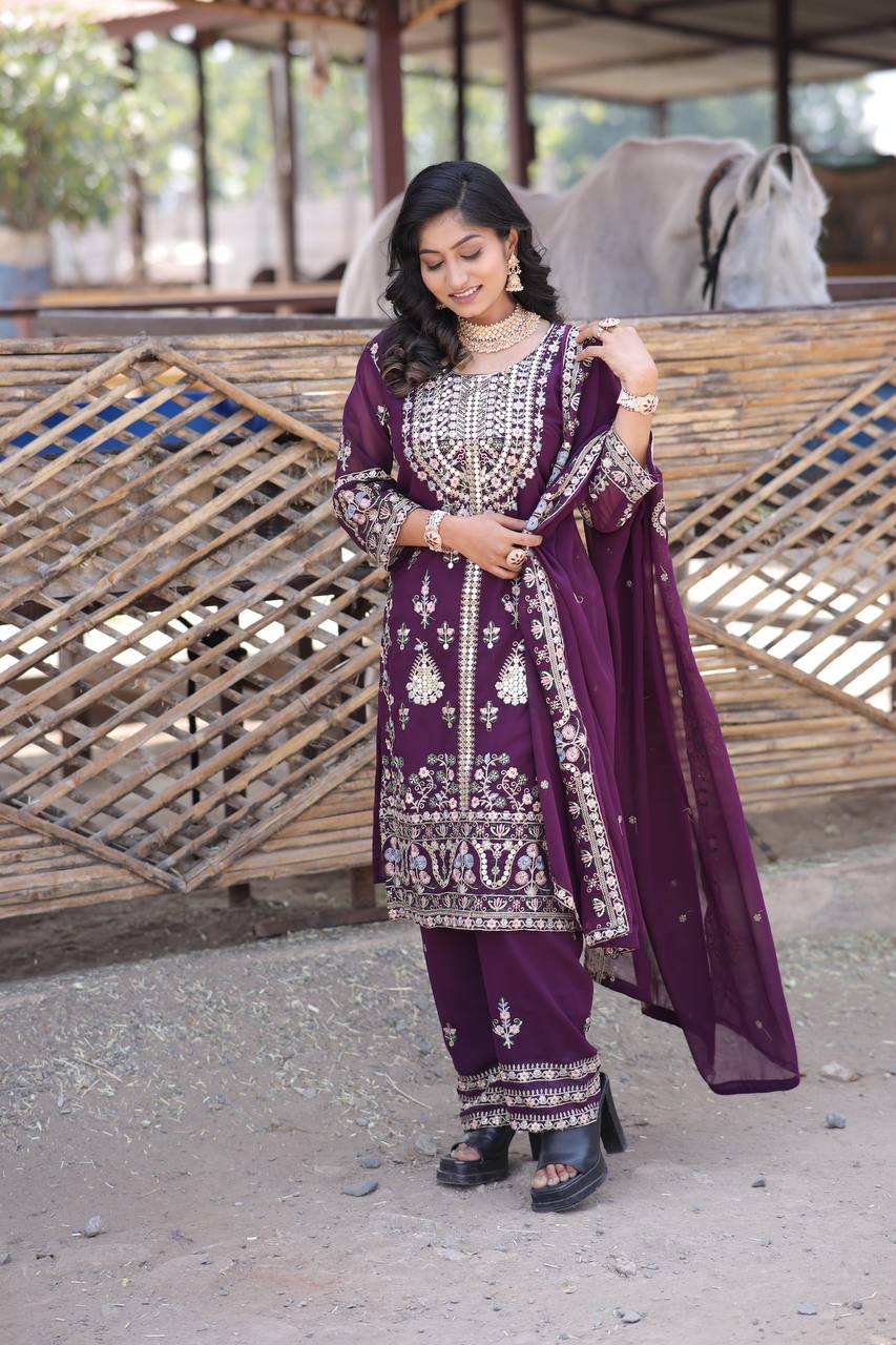 Elegant Faux Georgette Silk Sequin Embroidered Kurti Set with Sequin Embroidery & Lace Dupatta