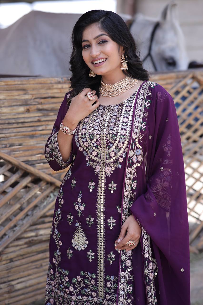 Elegant Faux Georgette Silk Sequin Embroidered Kurti Set with Sequin Embroidery & Lace Dupatta