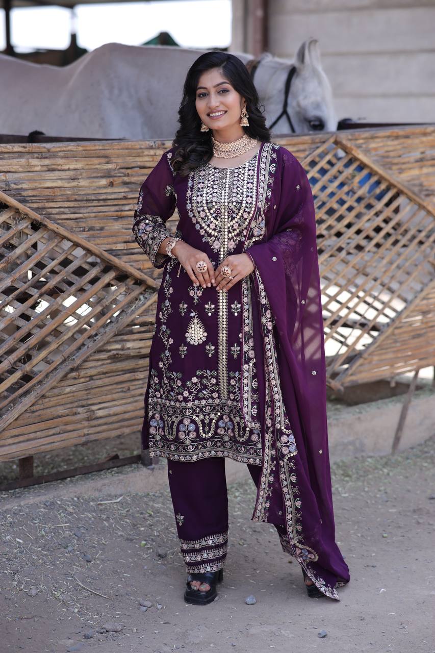 Elegant Faux Georgette Silk Sequin Embroidered Kurti Set with Sequin Embroidery & Lace Dupatta