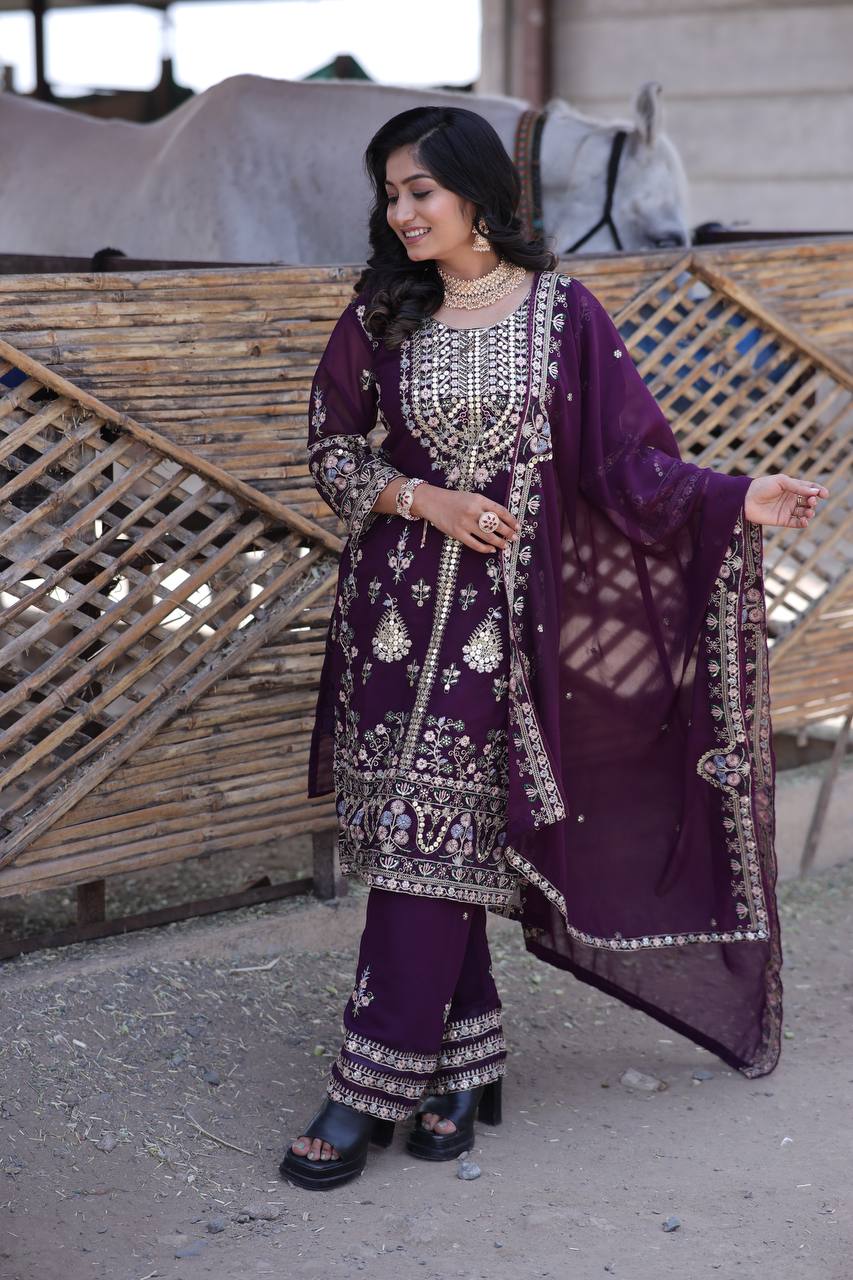 Elegant Faux Georgette Silk Sequin Embroidered Kurti Set with Sequin Embroidery & Lace Dupatta