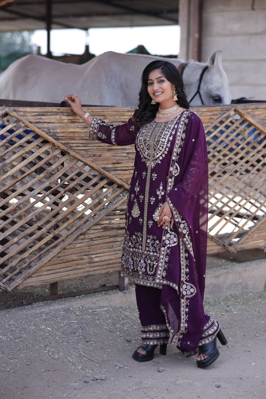 Elegant Faux Georgette Silk Sequin Embroidered Kurti Set with Sequin Embroidery & Lace Dupatta