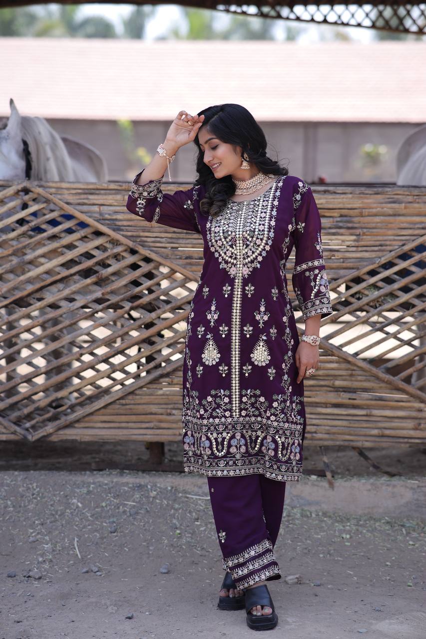 Elegant Faux Georgette Silk Sequin Embroidered Kurti Set with Sequin Embroidery & Lace Dupatta