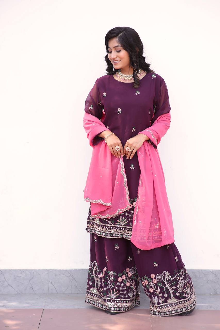 Faux Georgette Silk Kurti & Sarara Set with Multi-Sequin Embroidery & Lace Dupatta