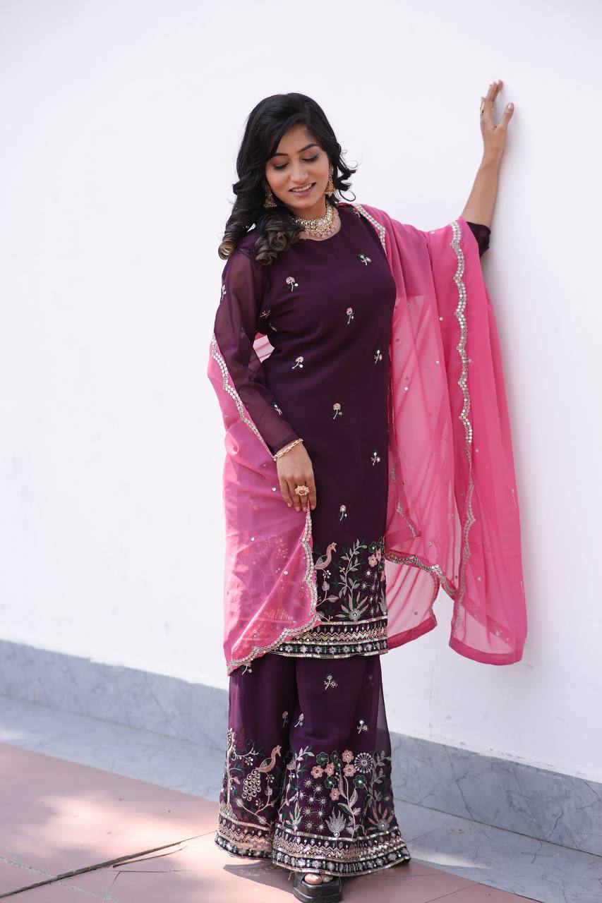 Faux Georgette Silk Kurti & Sarara Set with Multi-Sequin Embroidery & Lace Dupatta