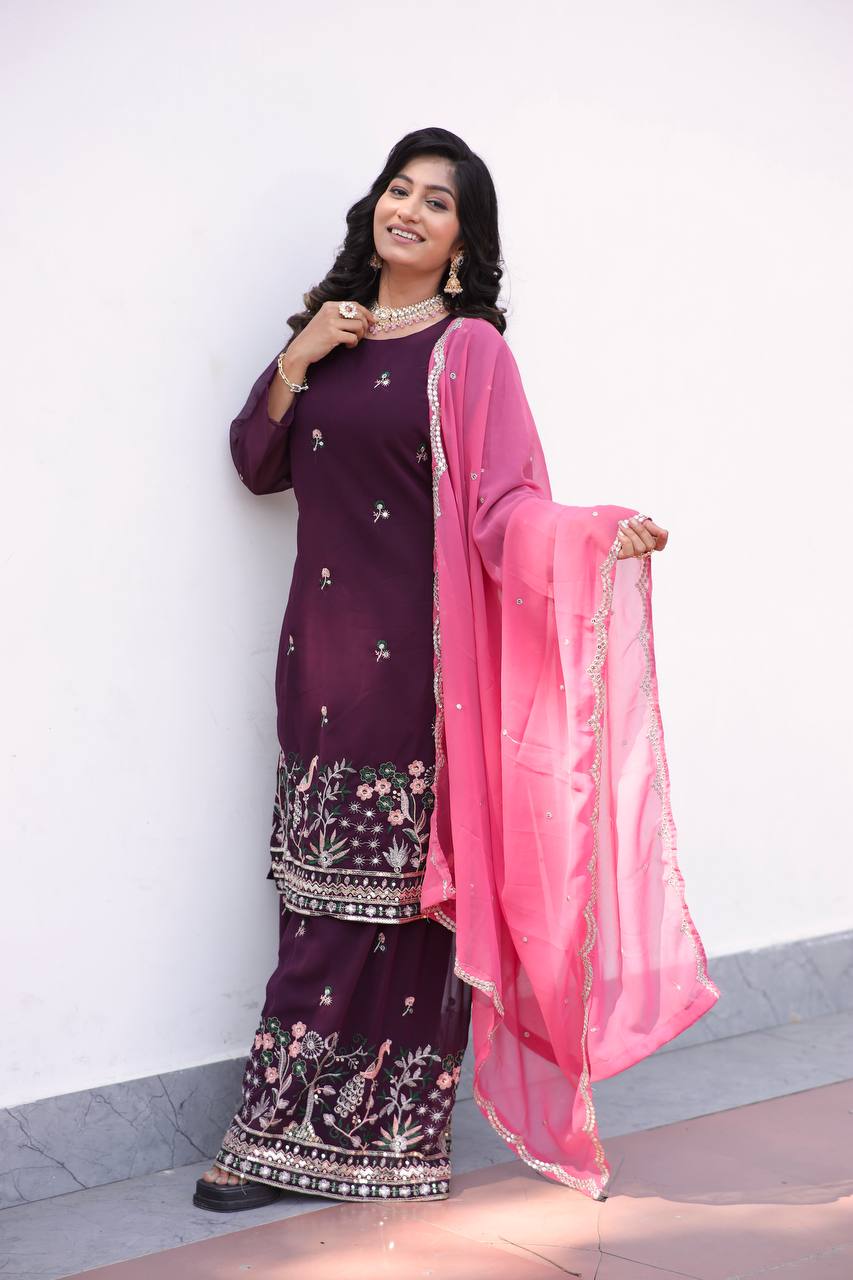 Faux Georgette Silk Kurti & Sarara Set with Multi-Sequin Embroidery & Lace Dupatta