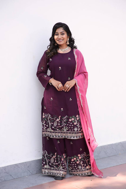 Faux Georgette Silk Kurti & Sarara Set with Multi-Sequin Embroidery & Lace Dupatta