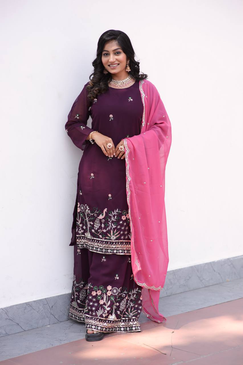 Faux Georgette Silk Kurti & Sarara Set with Multi-Sequin Embroidery & Lace Dupatta