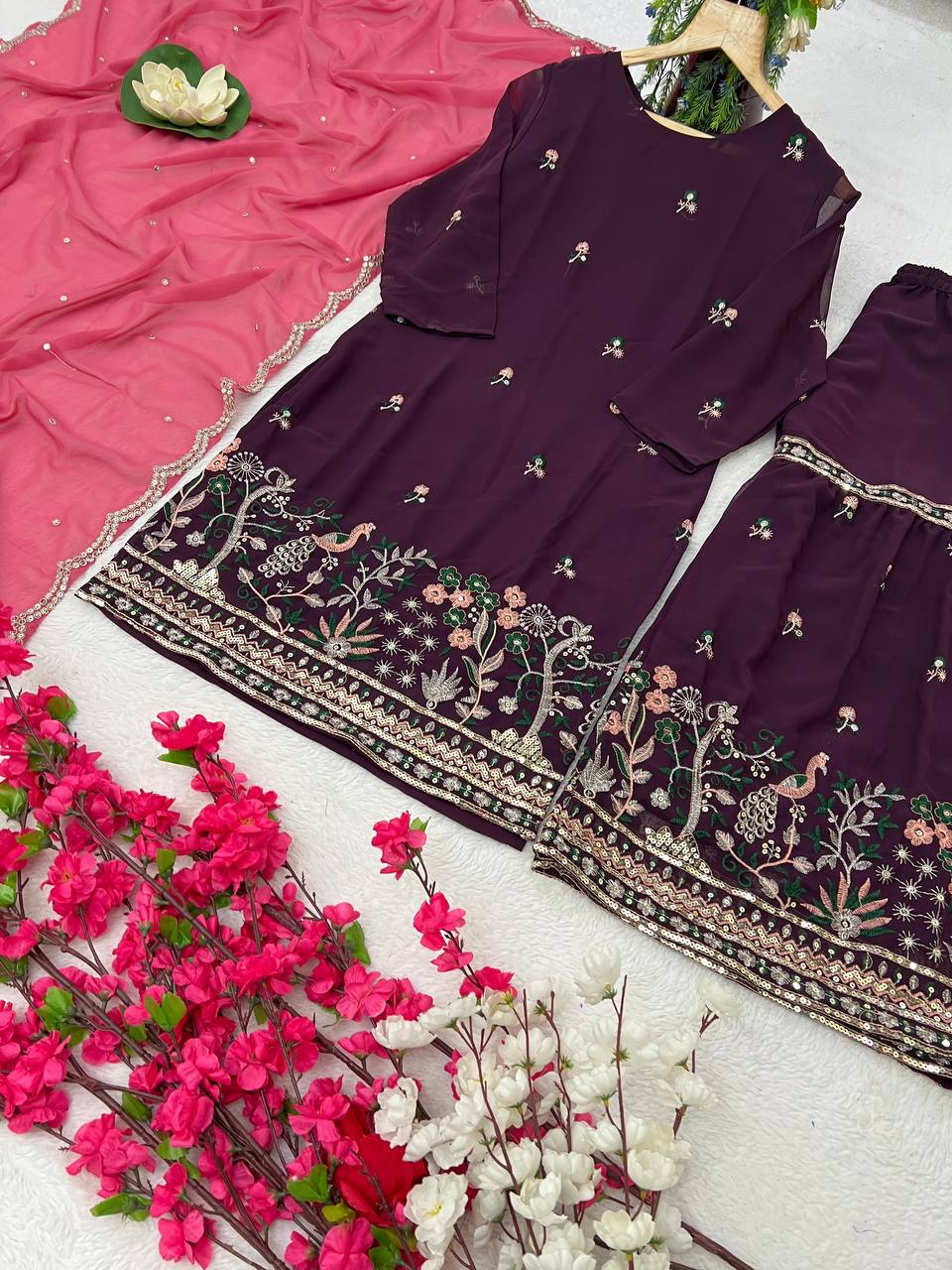 Faux Georgette Silk Kurti & Sarara Set with Multi-Sequin Embroidery & Lace Dupatta