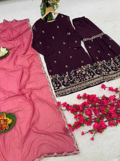 Faux Georgette Silk Kurti & Sarara Set with Multi-Sequin Embroidery & Lace Dupatta