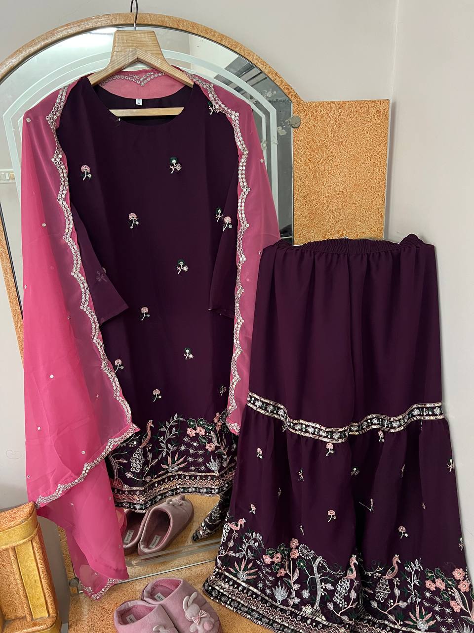 Faux Georgette Silk Kurti & Sarara Set with Multi-Sequin Embroidery & Lace Dupatta