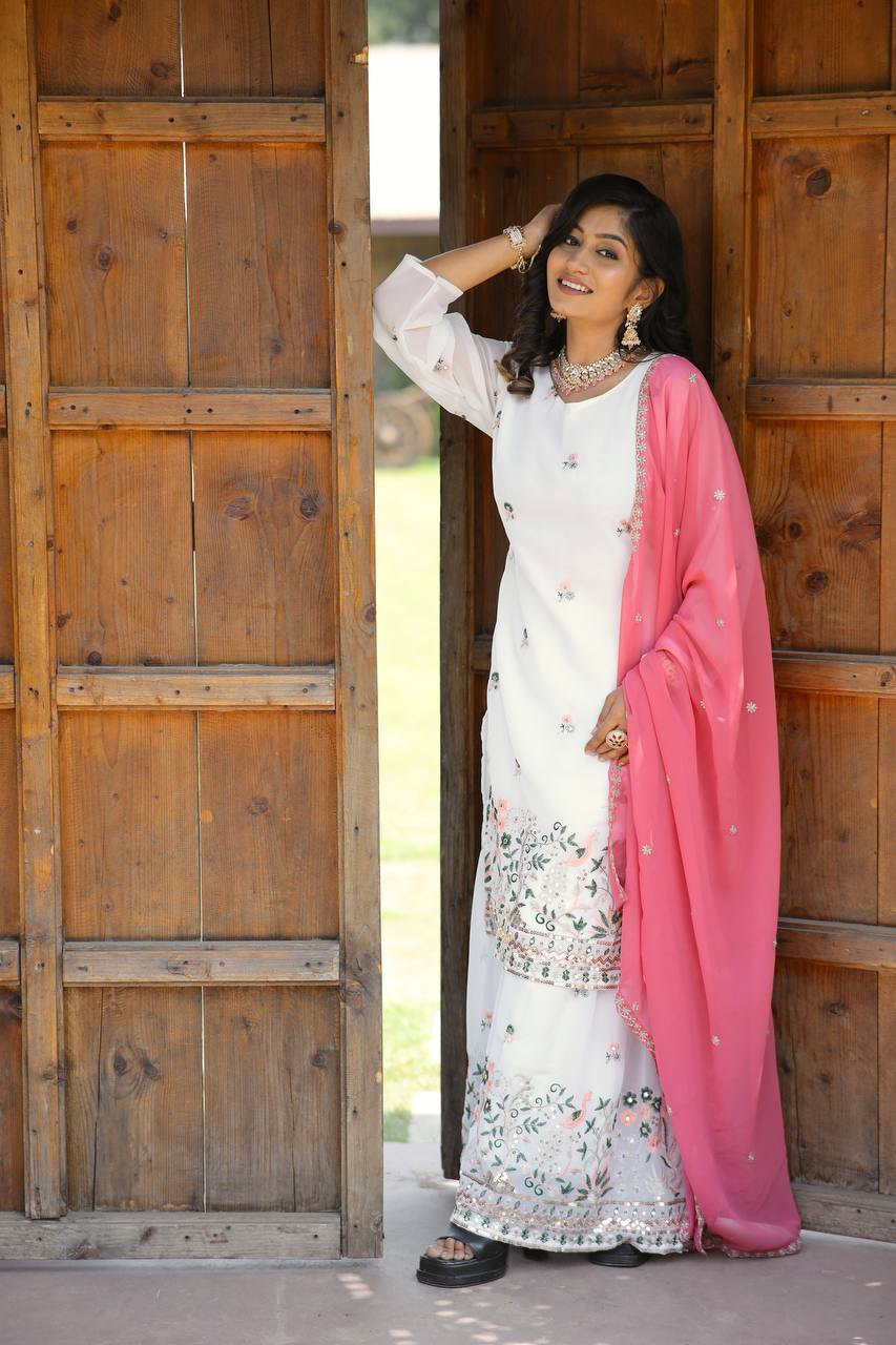 Faux Georgette Silk Kurti & Sarara Set with Multi-Sequin Embroidery & Lace Dupatta