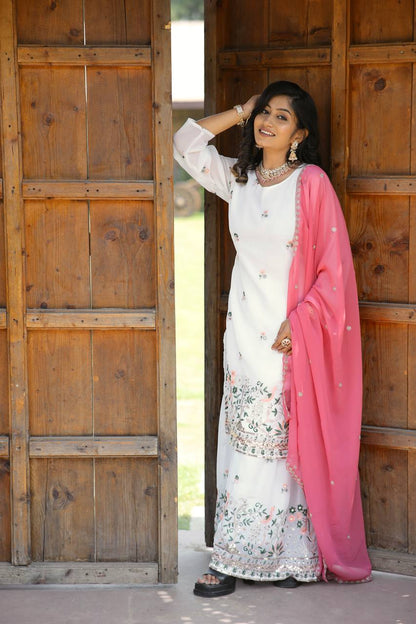 Faux Georgette Silk Kurti & Sarara Set with Multi-Sequin Embroidery & Lace Dupatta