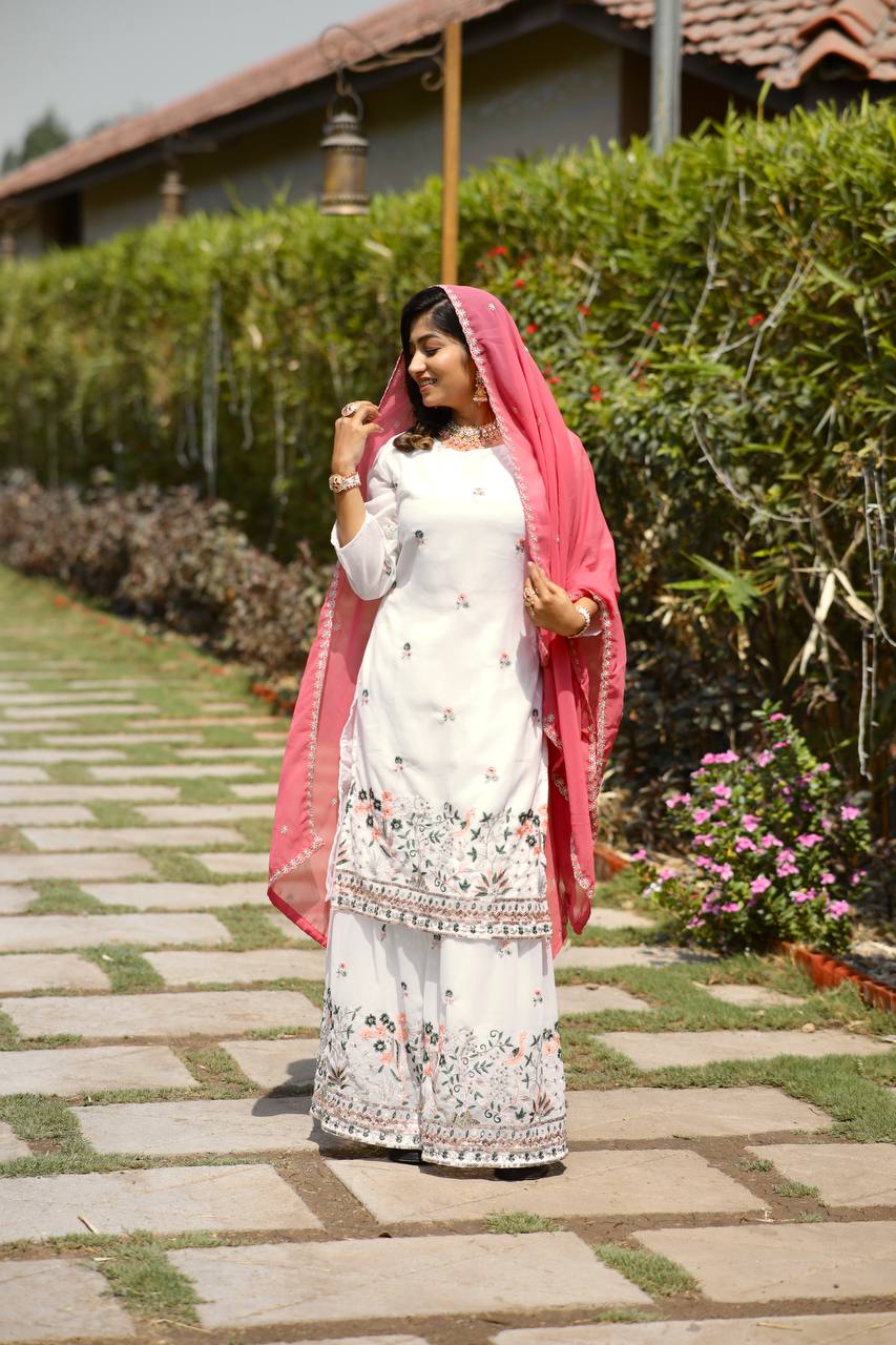 Faux Georgette Silk Kurti & Sarara Set with Multi-Sequin Embroidery & Lace Dupatta