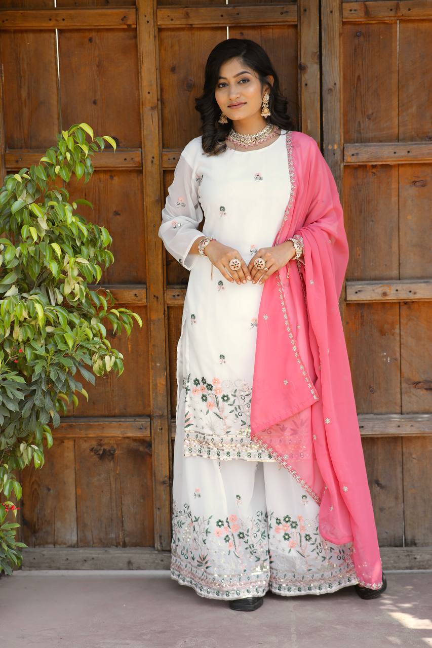 Faux Georgette Silk Kurti & Sarara Set with Multi-Sequin Embroidery & Lace Dupatta