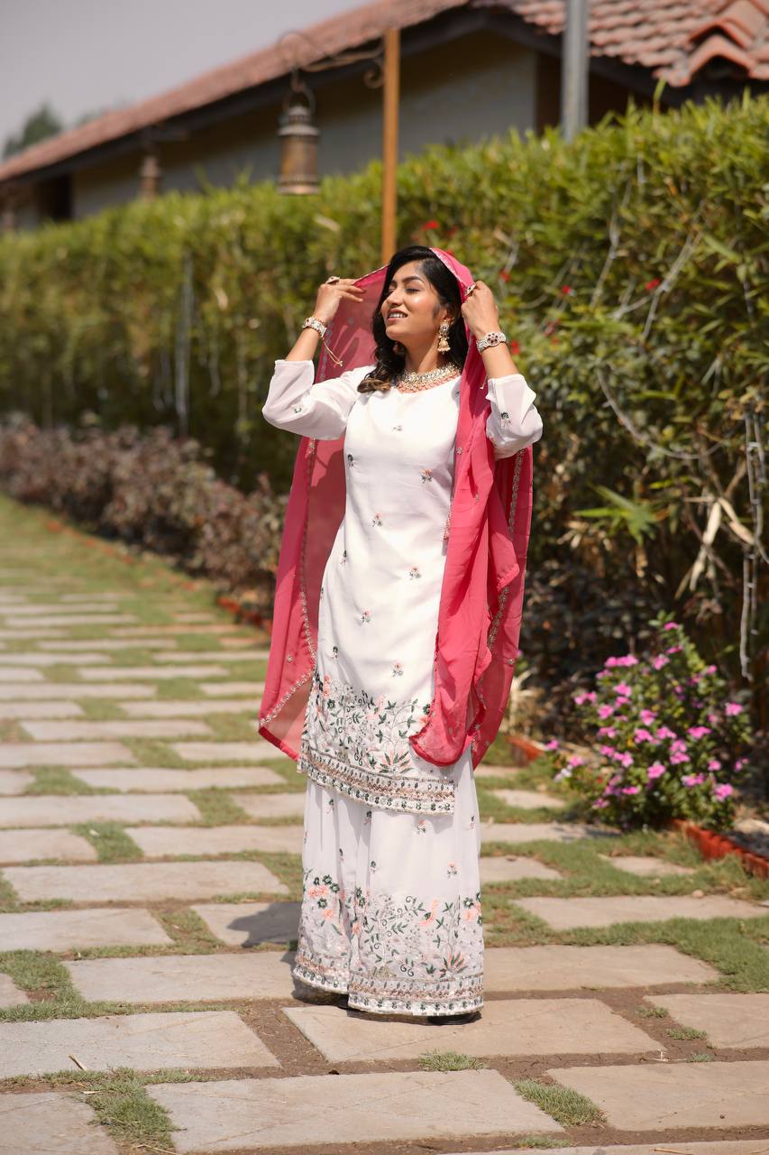 Faux Georgette Silk Kurti & Sarara Set with Multi-Sequin Embroidery & Lace Dupatta