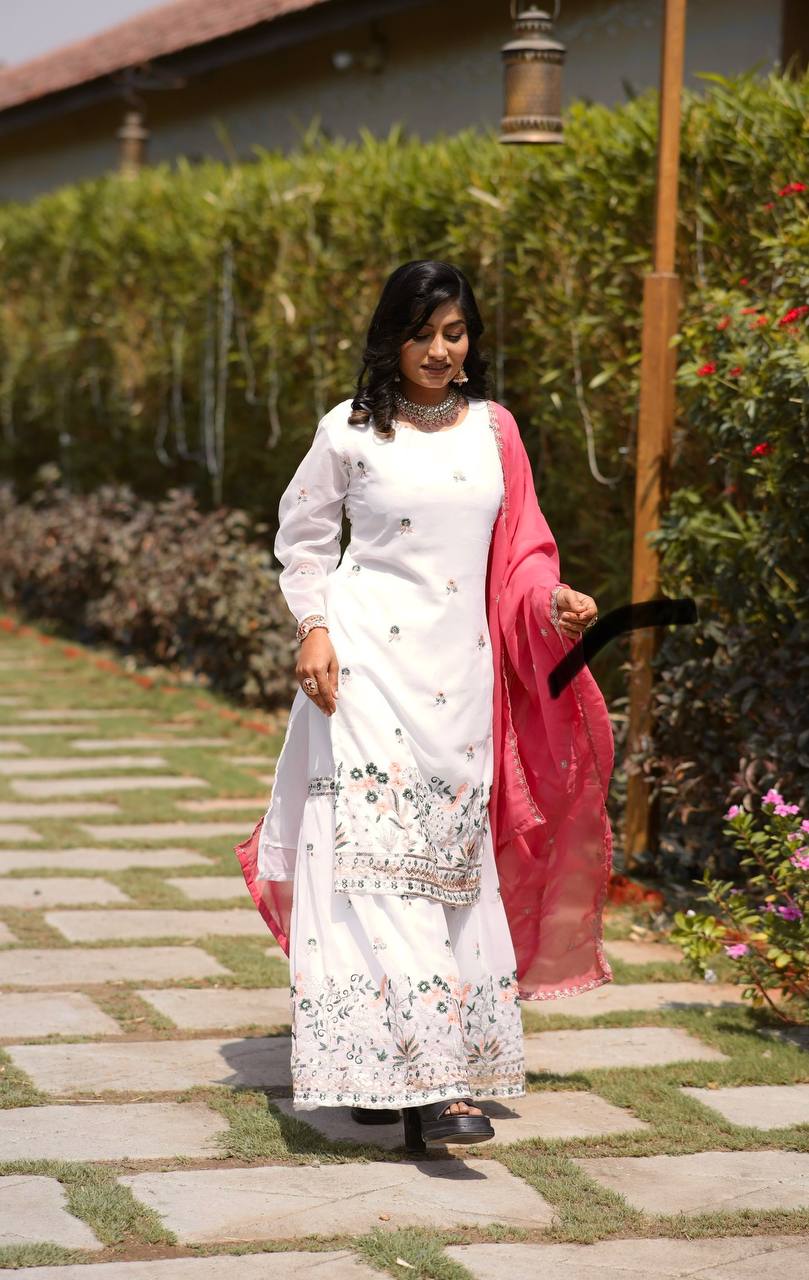 Faux Georgette Silk Kurti & Sarara Set with Multi-Sequin Embroidery & Lace Dupatta