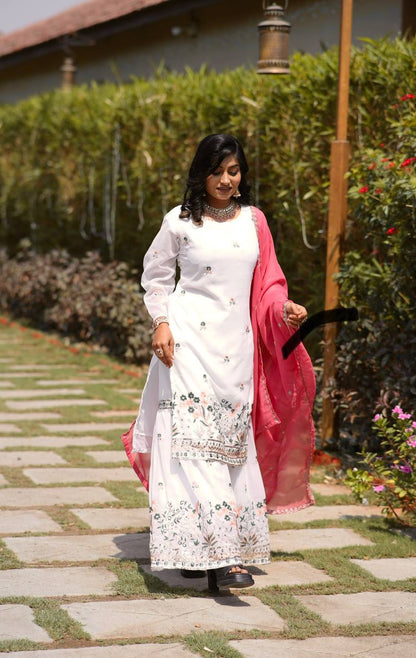 Faux Georgette Silk Kurti & Sarara Set with Multi-Sequin Embroidery & Lace Dupatta